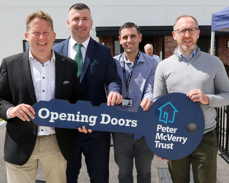Outgoing CEO of Peter McVerry Trust Francis Doherty, right, pictured in July with Housing Minister Darragh O'Brien, Jamie Daly, and John Wiseman at the official opening of new homes in Moyross, Limerick. Picture: Brendan Gleeson
