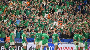 <p>SUPER SUPPORT: Ireland supporters celebrate after last Saturday's match between Ireland and Scotland at the Stade de France. </p>