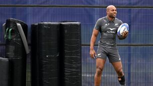 <p>Mark Telea of the All Blacks runs through drills during a New Zealand All Blacks training session at INSEP training grounds on October 12, 2023 in Paris, France. (Photo by Hannah Peters/Getty Images)</p>