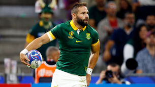 <p>Cobus Reinach of South Africa celebrates scoring his side's first try</p>