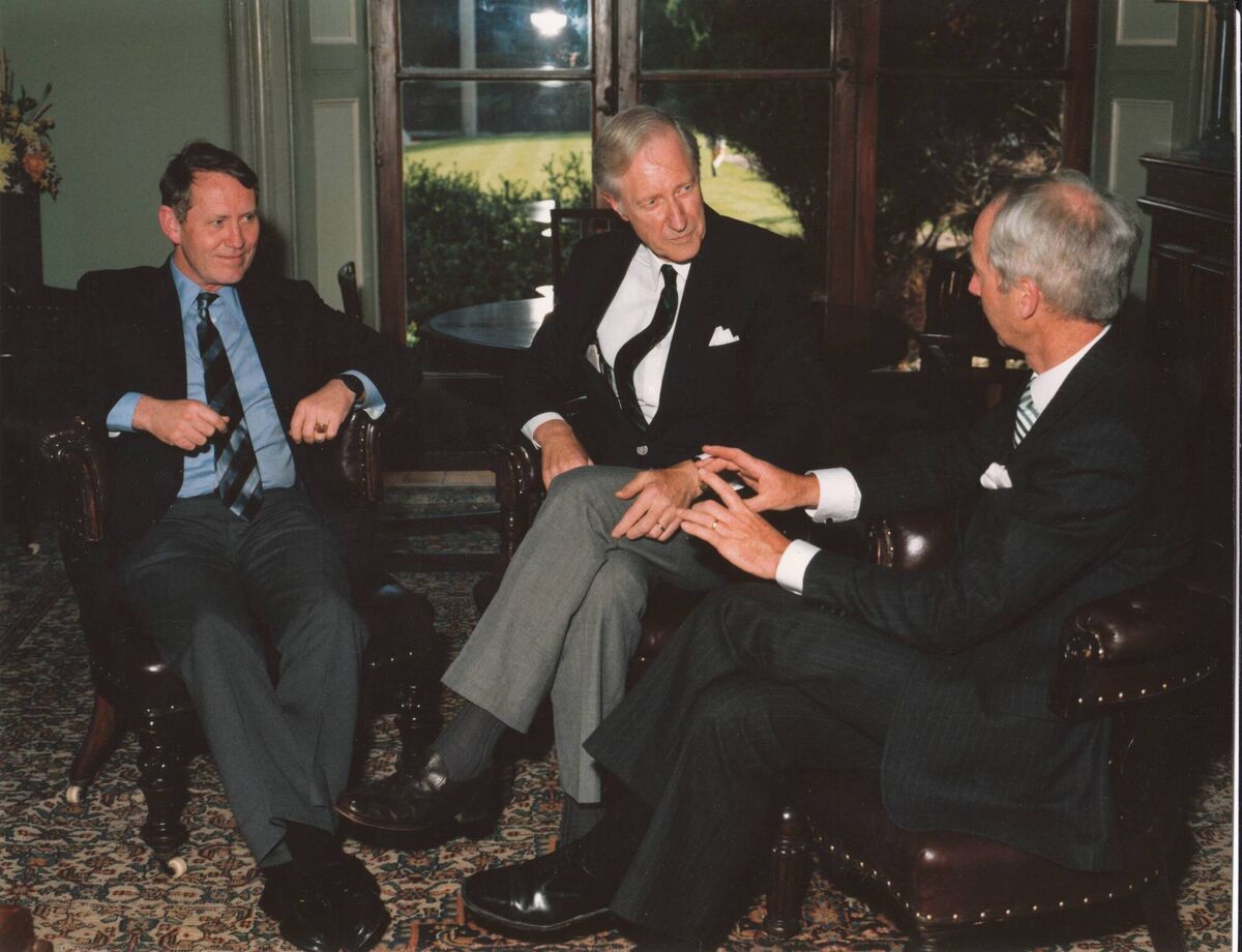 (Left to right) Chuck Feeney, the President of Cornell University Frank Rhodes, and Ed Walsh in Ireland on 14 July 1988. Photo courtesy of Ed Walsh