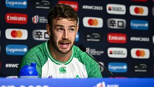 <p>13 October 2023; Caelan Doris during an Ireland Rugby media conference at the Stade de France in Paris, France. Photo by Harry Murphy/Sportsfile</p>