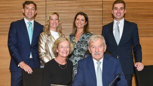 <p> Judge Olann Kelleher with his wife Susan, sons Alex and Barry and daughters Gretchen and Alison, on his last day presiding over court number 1 at the Criminal Court of Justice in Cork. Picture: David Keane</p>