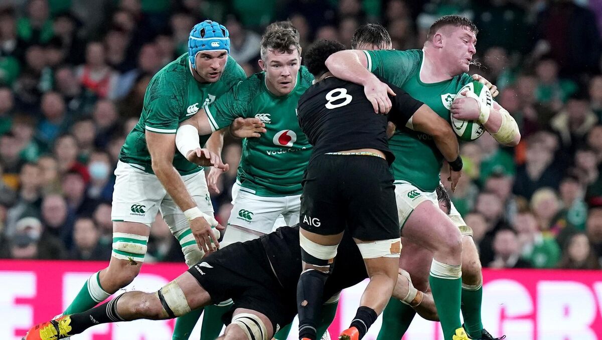 Tadhg Furlong carries the ball under pressure during the Autumn International match at Aviva Stadium v NZ Tadhg Furlong carries the ball under pressure during the Autumn International match at Aviva Stadium v NZ