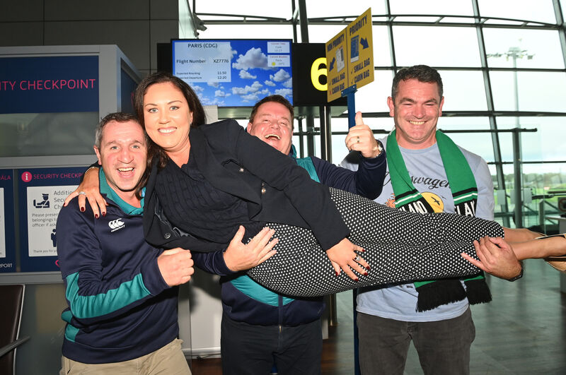 Fans from Shandon RFC Michael Fouhy, Paul and Sinead Humphreys, and Donal O'Shea departing Cork Airport for Paris for the World cup game between Ireland and New Zealand on Saturday night. Picture: Eddie O'Hare