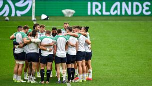 <p>SHOULDER TO SHOULDER: The Ireland team huddle during an Ireland captain's run at Stade de France in Paris, France. Photo by Brendan Moran/Sportsfile</p>