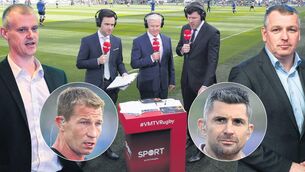 <p>TUSSLE FOR VIEWERS: Virgin Media head of sport Mick McCaffrey and, far right, his RTÉ counterpart Declan McBennett. Centre: Joe Molloy, Matt Williams, Shane Horgan. Inset: RTÉ’s Jerry Flannery, left, and Virgin pundit Rob Kearney.</p>