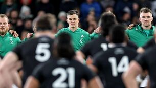 <p>PSYCHOLOGICAL WARFARE: Ireland's Finlay Bealham, Johnny Sexton and Peter O'Mahony during the New Zealand haka. </p>