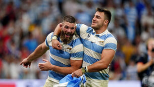 <p>DELIGHT: Argentina's Marcos Kremer and Facundo Isa celebrate after their quarter-final win. </p>