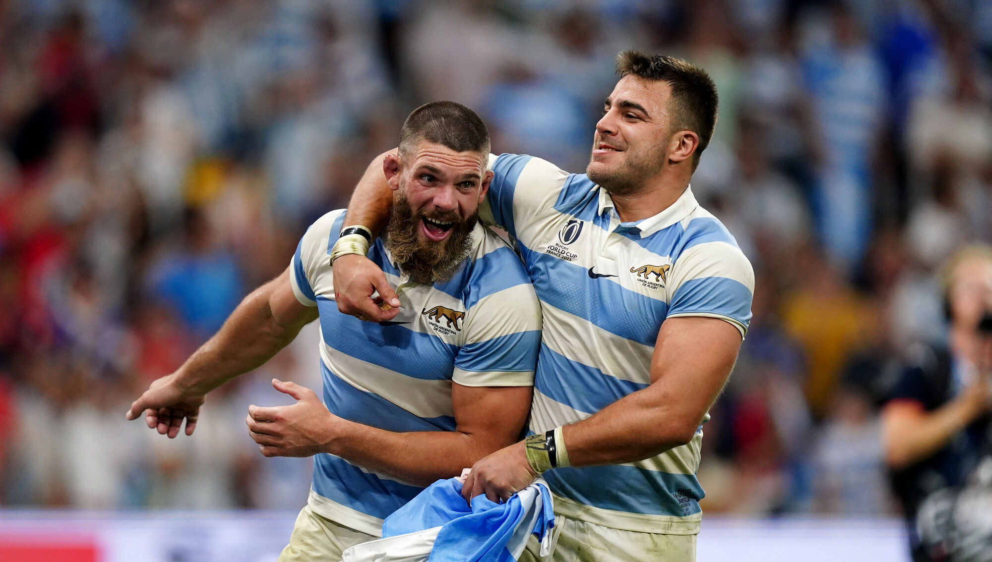 DELIGHT: Argentina's Marcos Kremer and Facundo Isa celebrate after their quarter-final win. 