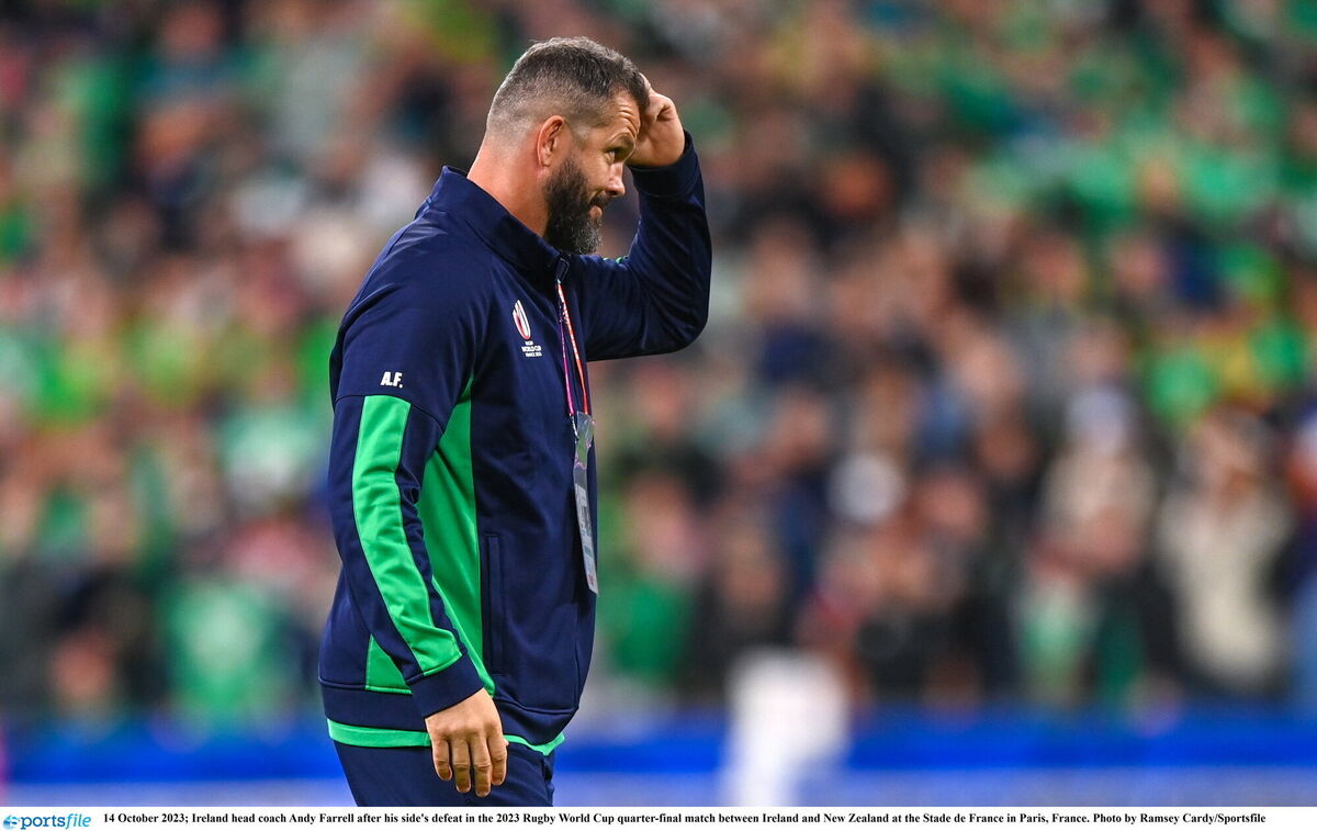 Ireland head coach Andy Farrell after his side's defeat in the 2023 Rugby World Cup quarter-final match between Ireland and New Zealand at the Stade de France in Paris, France. Photo by Ramsey Cardy/Sportsfile Ireland head coach Andy Farrell after his side's defeat in the 2023 Rugby World Cup quarter-final match between Ireland and New Zealand at the Stade de France in Paris, France. Photo by Ramsey Cardy/Sportsfile