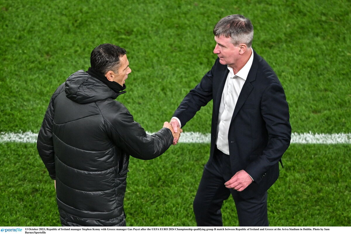 Republic of Ireland manager Stephen Kenny with Greece manager Gus Poyet after the UEFA EURO 2024 Championship qualifying group B match between Republic of Ireland and Greece at the Aviva Stadium in Dublin. Photo by Sam Barnes/Sportsfile