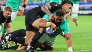 <p>TRY AS THEY MIGHT: Bundee Aki goes over for Ireland's opening five-pointer. </p>