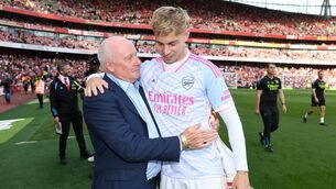 <p>NATIONAL TREASURE: Liam Brady, Former Arsenal player interacts with Emile Smith Rowe of Arsenal. (Photo by Stuart MacFarlane/Arsenal FC via Getty Images)</p>