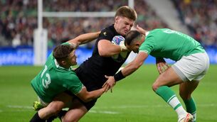 <p>BLACK IS THE COLOUR: Jordie Barrett of New Zealand is tackled by Garry Ringrose and Jamison Gibson-Park of Ireland. Pic: Justin Setterfield - World Rugby/World Rugby via Getty Images</p>