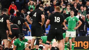 <p>DIFFERING EMOTIONS: Jonathan Sexton of Ireland reacts at the end of the 2023 Rugby World Cup quarter-final match between Ireland and New Zealand. Pic: Harry Murphy/Sportsfile</p>