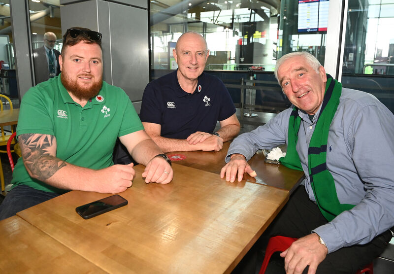 Ireland Rugby fans Shane Kelly, Cashel, and Colum Walsh and Philip White, both from Grenagh Co Cork, flying from Cork Airport to Paris for the Rugby World Cup quarter-final against New Zealand. Picture: Eddie O'Hare