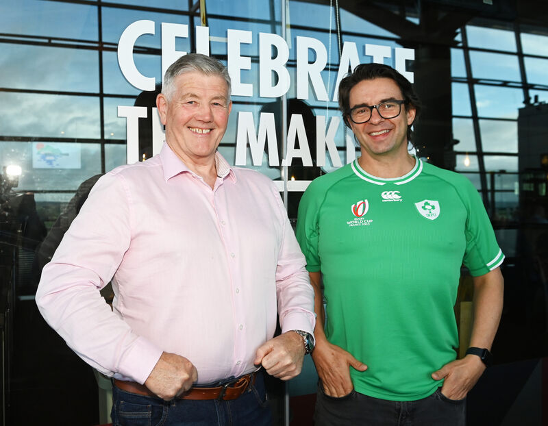 Brendan Hyde from Douglas and Michael Webster, Kinsale, departing from Cork Airport for Paris, for Ireland's Rugby World Cup quarter-final against New Zealand on Saturday night. Picture: Eddie O'Hare