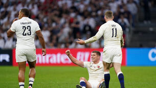 England’s Owen Farrell (centre) celebrates reaching the World Cup semi-finals (Mike Egerton/PA)