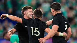 <p>BROTHERS: New Zealand’s Jordie Barrett, Beauden Barrett and Scott Barrett celebrate together after winning. Pic: ©INPHO/Billy Stickland</p>