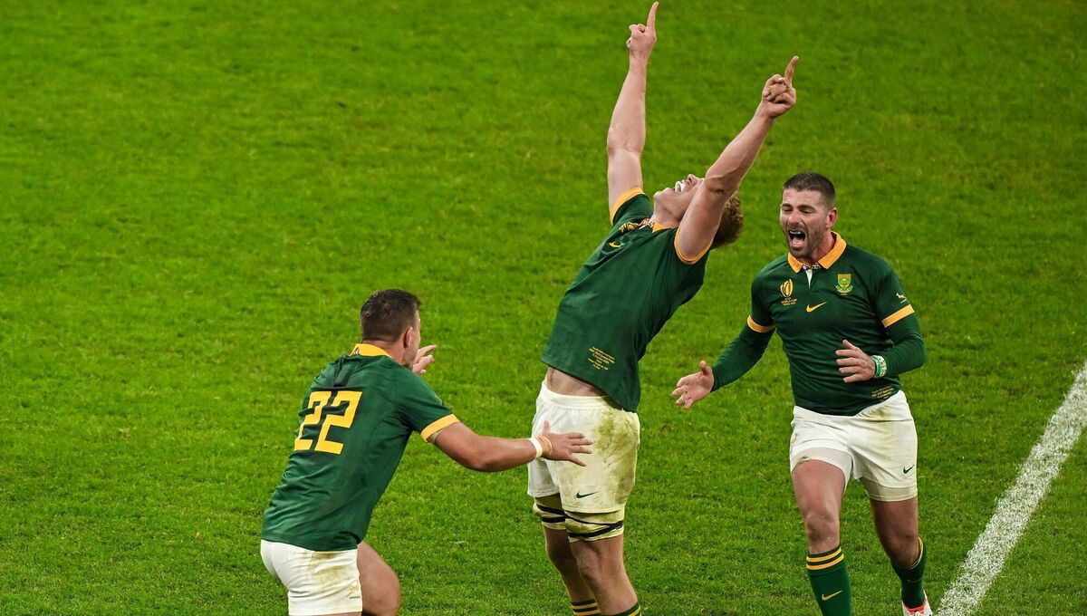 PURE ELATION: Pieter-Steph Du Toit of South Africa, centre, celebrates with team-mates Handre Pollard, left, and Damian Willemse. Pic: Brendan Moran/Sportsfile PURE ELATION: Pieter-Steph Du Toit of South Africa, centre, celebrates with team-mates Handre Pollard, left, and Damian Willemse. Pic: Brendan Moran/Sportsfile