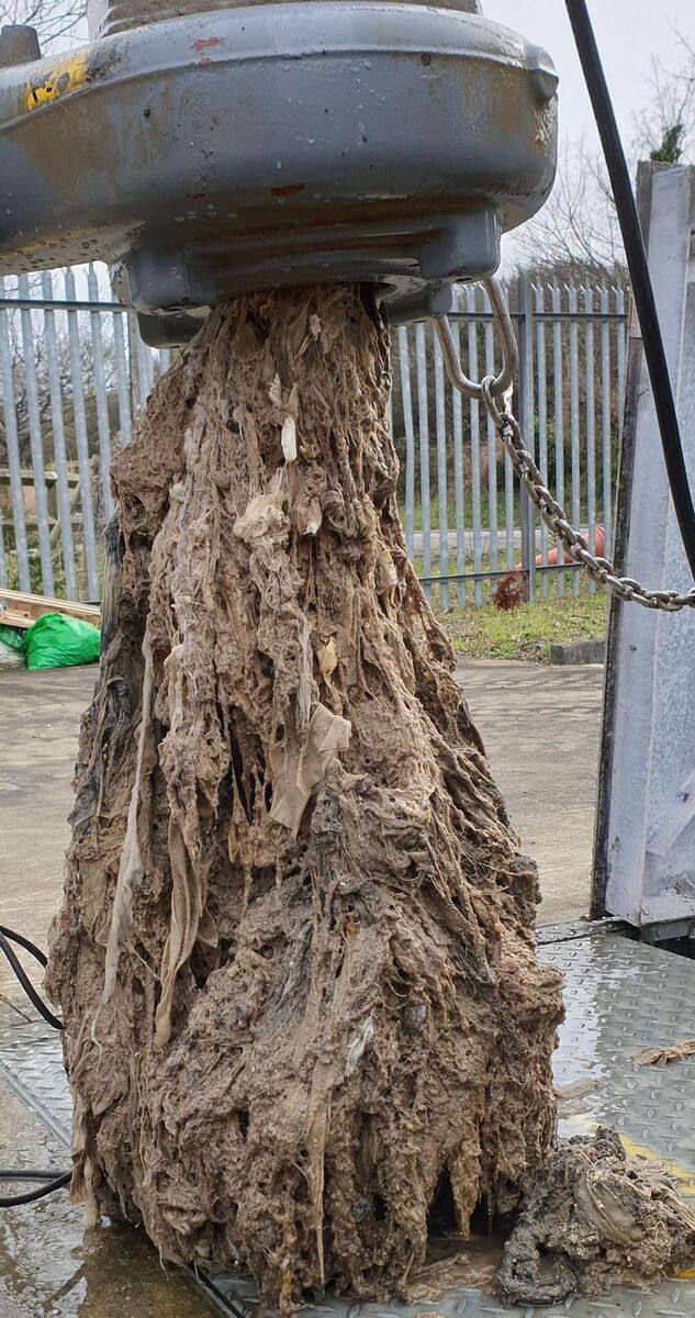  An 8ft blockage removed from a pumping station in Wicklow highlights the importance of the 'Think Before You Flush Campaign'.  