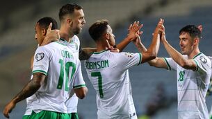 <p>FOUR-MIDABLE: Ireland's Callum Robinson celebrates scoring his sides fourth goal with teammates. Pic Credit ©INPHO/Ryan Byrne</p>