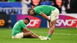 <p>CHANCE WASTED: Ireland players Finlay Bealham, right, and Bundee Aki after their side's defeat. Photo by Harry Murphy/Sportsfile</p>