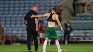 <p>BORROWED TIME: Ireland manager Stephen Kenny with Josh Cullen after the game. Pic Credit ©INPHO/Ryan Byrne</p>