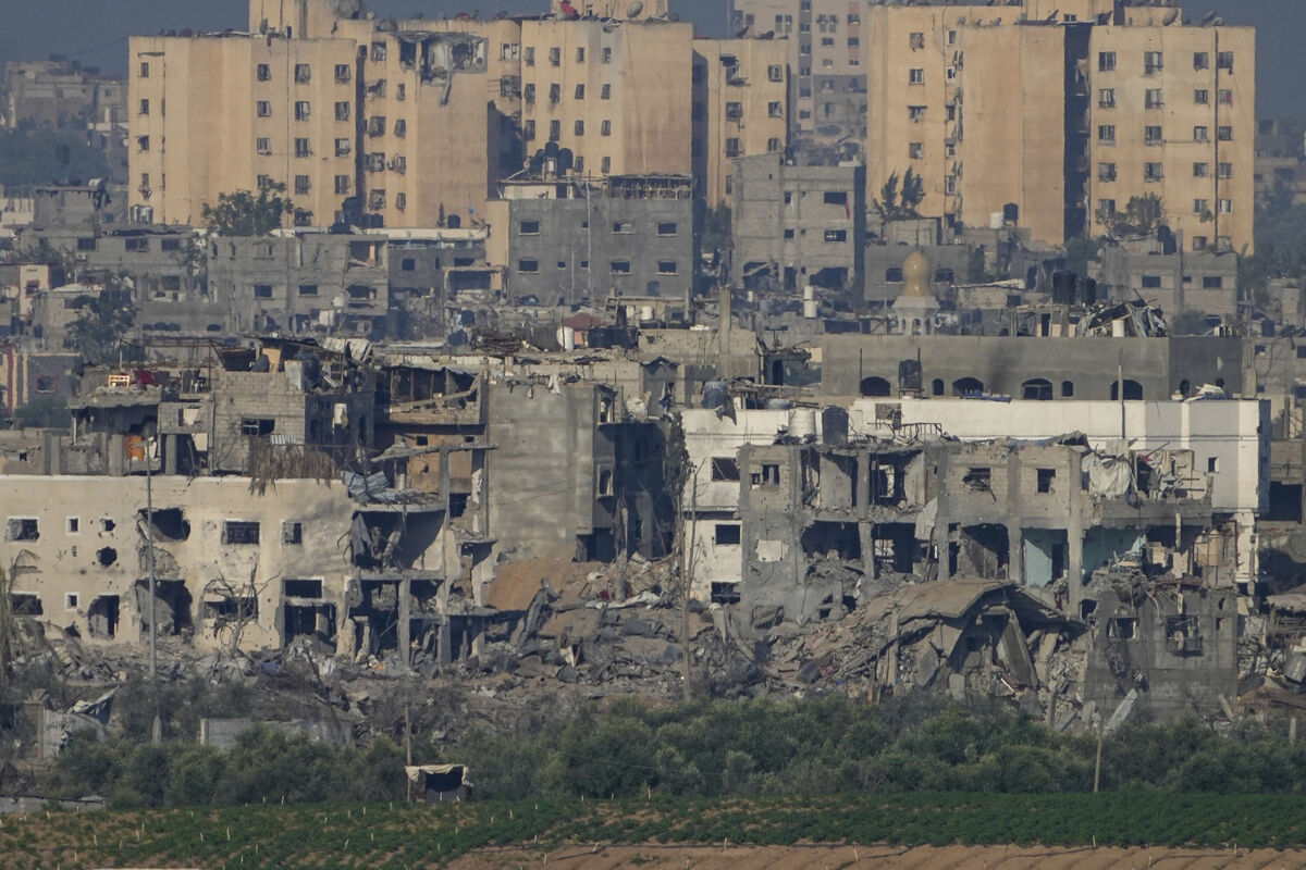 A view of destroyed houses following Israeli strikes in the northern Gaza Strip, as seen from southern Israel, on Tuesday. Picture: AP Photo/Ariel Schalit
