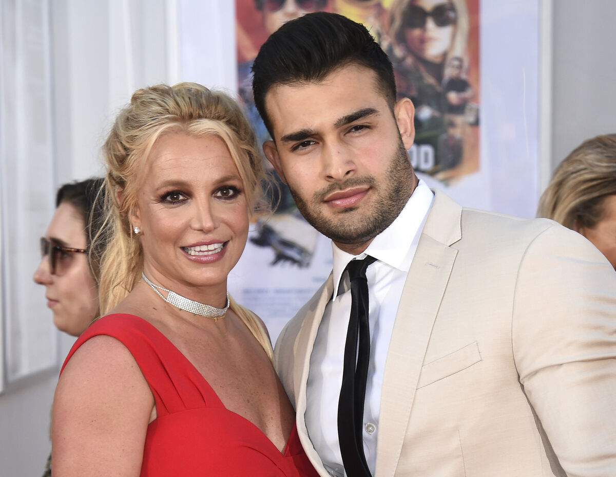 Britney Spears and Sam Asghari appear at the Los Angeles premiere of "Once Upon a Time in Hollywood" on July 22, 2019.