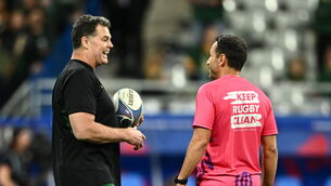 <p>APPOINTED: South Africa director of rugby Rassie Erasmus talks to referee Ben O'Keeffe before the 2023 Rugby World Cup Pool B match between South Africa and Ireland. Pic: Harry Murphy/Sportsfile</p>