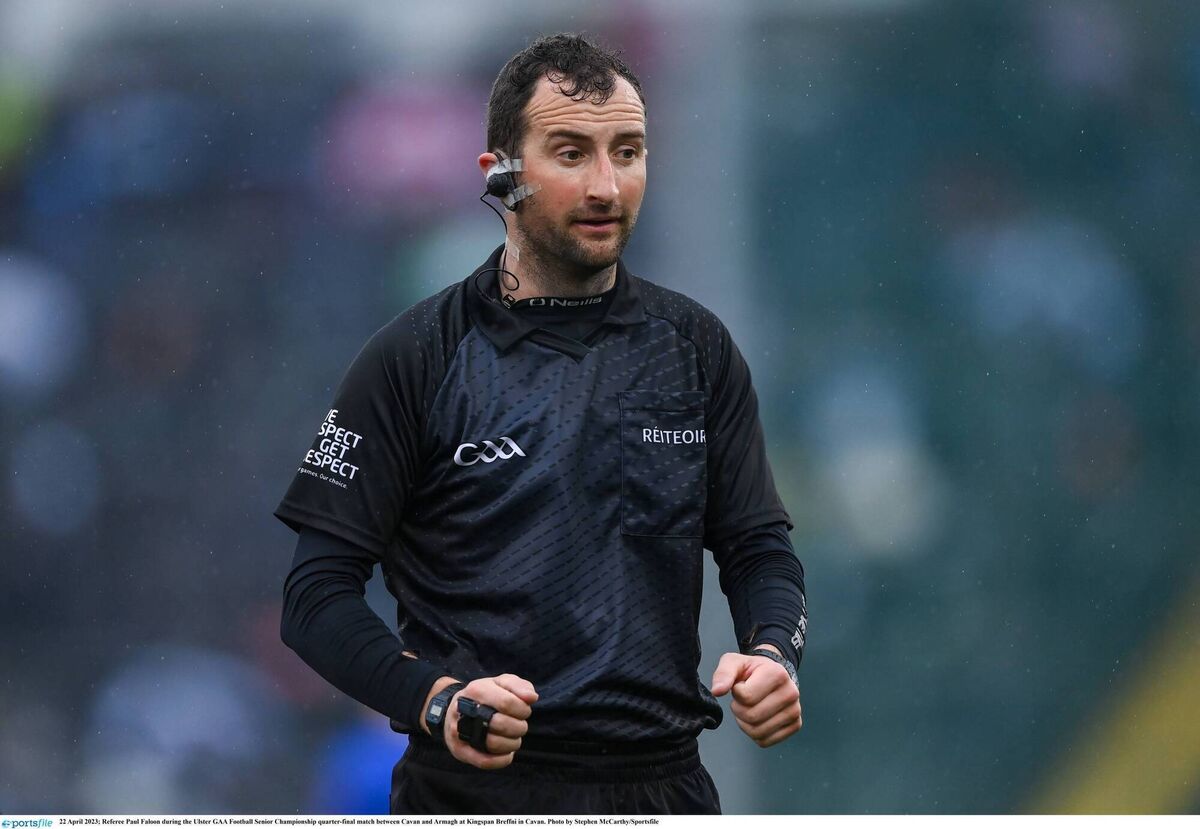 Referee Paul Faloon during the Ulster GAA Football Senior Championship quarter-final match between Cavan and Armagh at Kingspan Breffni in Cavan. Photo by Stephen McCarthy/Sportsfile Referee Paul Faloon during the Ulster GAA Football Senior Championship quarter-final match between Cavan and Armagh at Kingspan Breffni in Cavan. Photo by Stephen McCarthy/Sportsfile