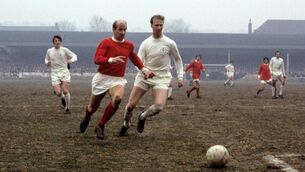 <p>BROTHERS IN ARMS: Manchester United's Bobby Charlton takes on Leeds United's Jack Charlton. </p>