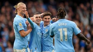 <p>TRUE BLUES: Manchester City's Julian Alvarez (second right) celebrates scoring their side's first goal of the game during the Premier League match at the Etihad Stadium, Manchester. Pic: Tim Goode/PA Wire</p>