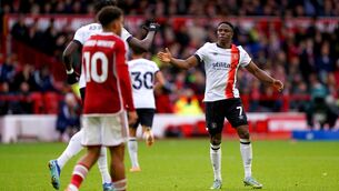 <p>FIRST OF MANY?" Luton Town's Chiedozie Ogbene (right) celebrates scoring their side's first goal of the game during the Premier League match at The City Ground, Nottingham. Pic: Joe Giddens/PA Wire</p>