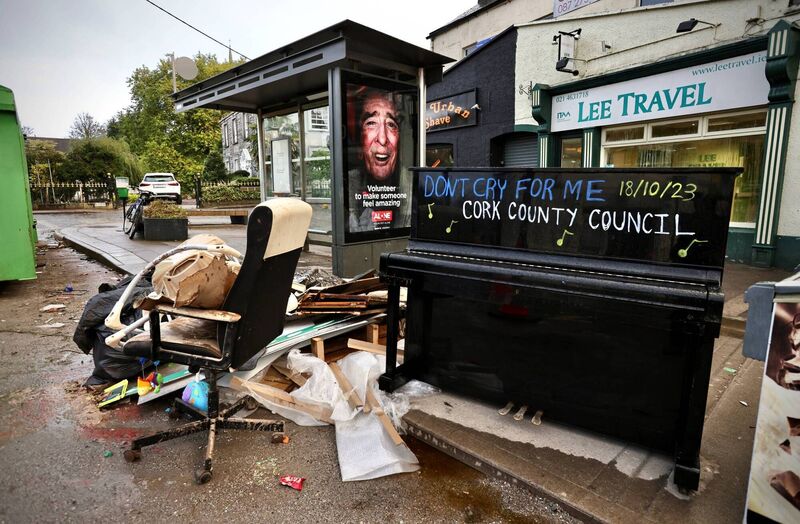 Writing on a discarded piano on Midleton Main Street, in the aftermath of last week's storm.