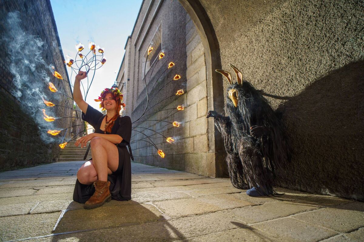 The Púca Character (right) and Polly Shapkina pictured in Dublin Castle at the launch of Púca Festival. Picture: Barry Cronin