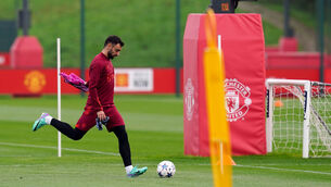 <p>MATCH READY: Manchester United captain Bruno Fernandes during a training session in Carrington on Monday. 	Picture: Nick Potts/PA </p>
