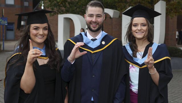 <p>DCU graduates Aimee Ennis McLoughlin, Kevin Dudley and Aisling O'Halloran. Picture: Dublin City University</p>