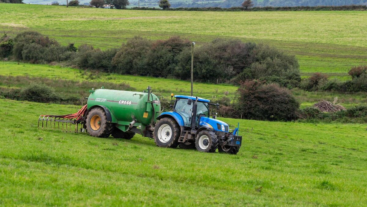 Timoleague, West Cork, dairy farmer Pa Harte spreads slurry on a grazing field. Timoleague, West Cork, dairy farmer Pa Harte spreads slurry on a grazing field.