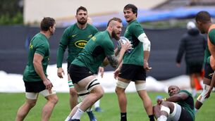 <p>FINAL COUNTDOWN: RG Snyman runs with the ball during a South Africa training session. (Photo by David Rogers/Getty Images)</p>