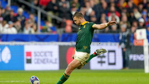 <p>ON SONG: South Africa's Handre Pollard kicks a penalty during the Rugby World Cup, semi-final match at the Stade de France. Pic: Mike Egerton/PA Wire</p>