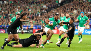 <p>TO THE FORE: Ireland's Bundee Aki scores his side's first try of the game during the Rugby World Cup 2023 quarter-final. Pic: Adam Davy/PA Wire.</p>