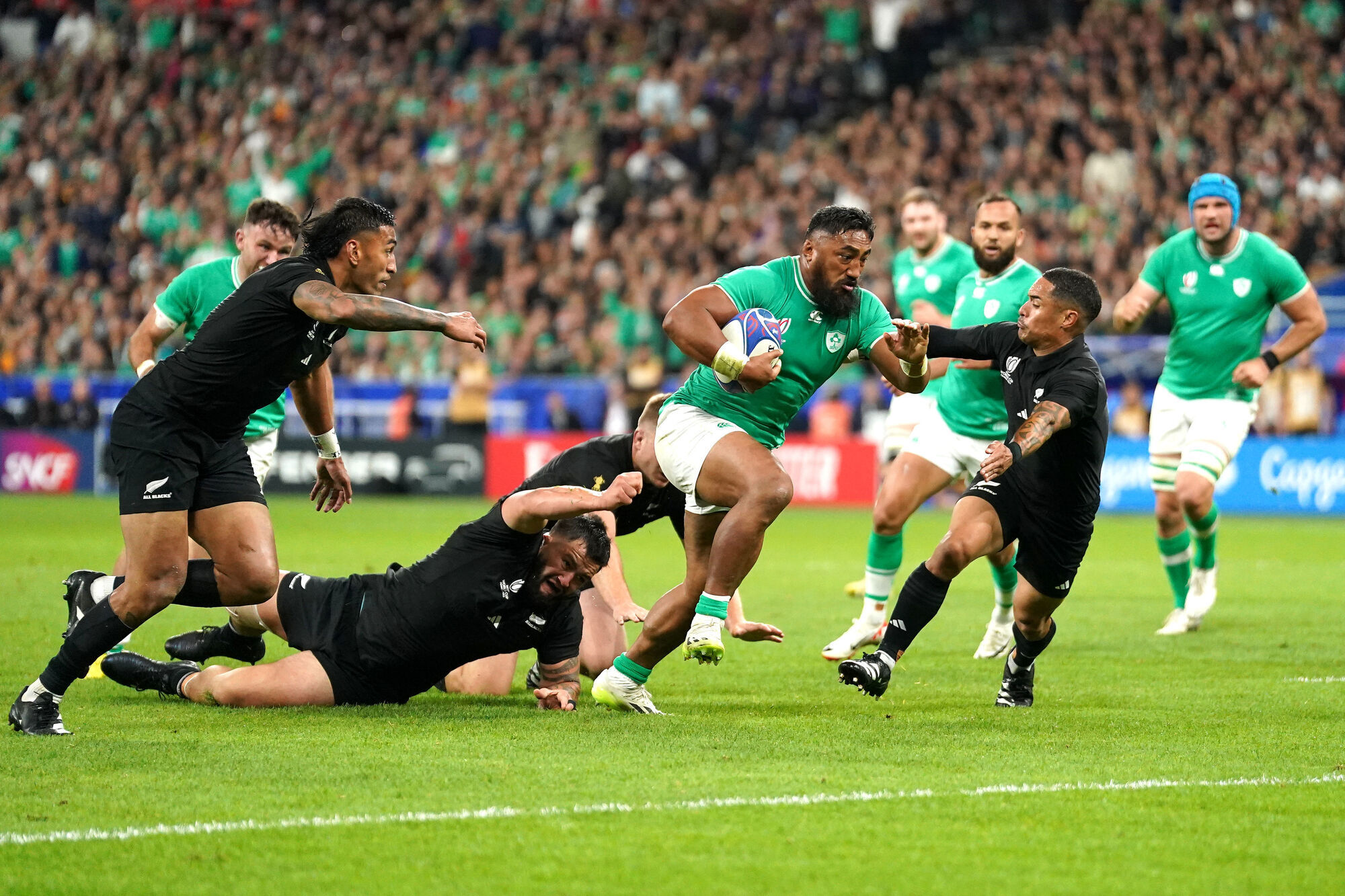 TO THE FORE: Ireland's Bundee Aki scores his side's first try of the game during the Rugby World Cup 2023 quarter-final. Pic: Adam Davy/PA Wire.