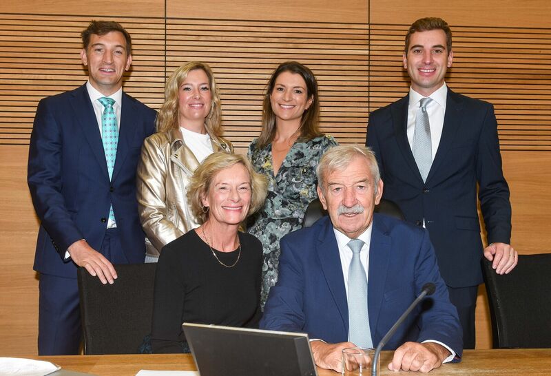 Judge Olann Kelleher with his wife Susan, sons Alex and Barry and daughters Gretchen and Alison, on his last day presiding over court number 1 at the Criminal Court of Justice in Cork. Picture: David Keane