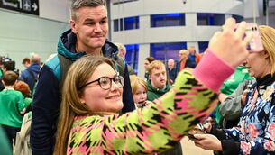 <p>IN THE FRAME: Captain Jonathan Sexton poses for a selfie with supporters on the Ireland rugby team's arrival at Dublin Airport. Picture: Piaras Ó Mídheach/Sportsfile</p>