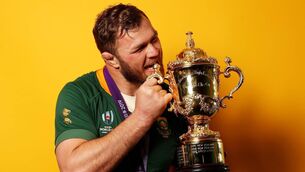 <p>CURRENT HOLDERS: Duane Vermeulen of South Africa poses for a portrait with the Web Ellis Cup following his team's victory against England in the Rugby World Cup 2019 Final. (Photo by David Ramos - World Rugby/World Rugby via Getty Images)</p>