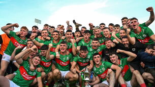 <p>JOYOUS SCENES: The Gowna team celebrate with the trophy after their side's victory in the Cavan County Senior Club Football Championship final between Kingscourt Stars and Gowna at Kingspan Breffni in Cavan. Pic: Tyler Miller/Sportsfile</p>