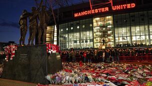<p>Tributes in memory of Sir Bobby Charlton are laid outside Old Trafford. Photo credit: Nick Potts/PA Wire</p>